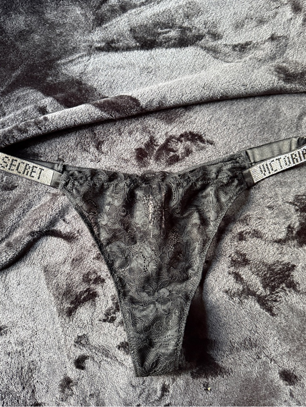 Victoria's Secret Black Lace Thong with Logo Waistband Rhinestone Detail